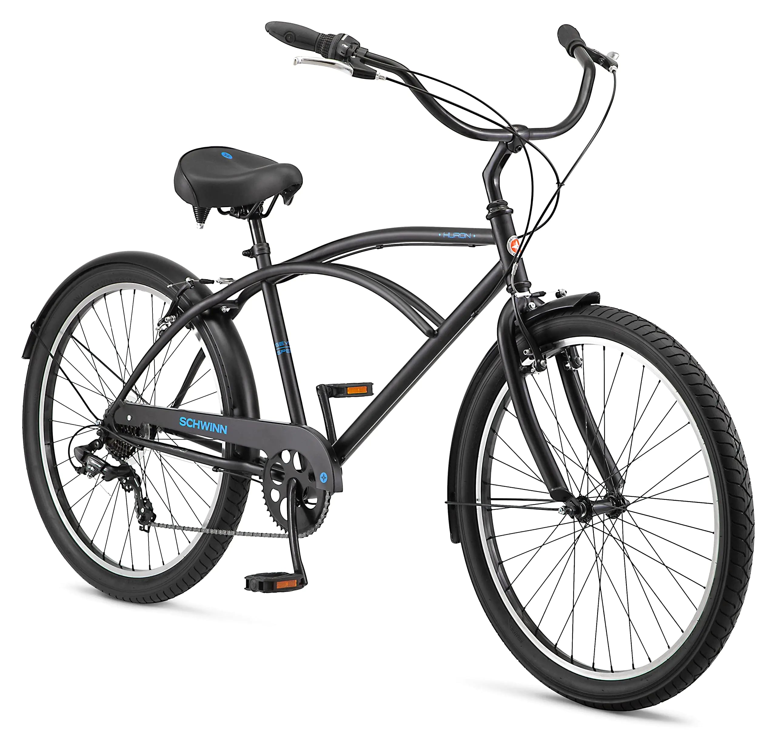 Schwinn Huron Beach Cruiser Bike for Adult 7-Speed Front and Rear Linear Pull Brake 26-Inch Wheels 18-Inch Step-Over Steel Frame Full Front & Rear Fenders Black